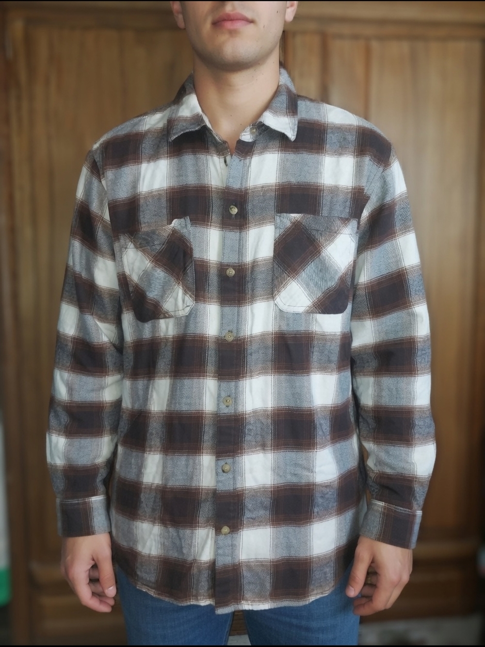 Brown & White Plaid Button-Up Shirt